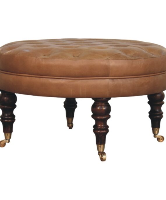 Brown Buffalo Leather Round Ottoman with Castor Legs
