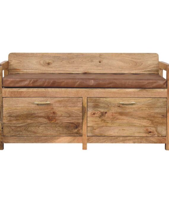 Oakish Storage Bench with Brown Leather Seat