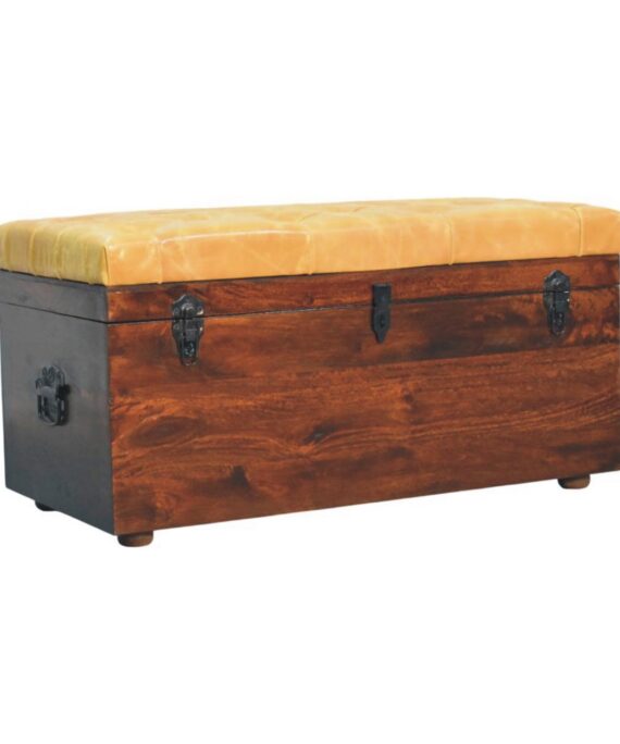 Tan Leather Storage Trunk Bench